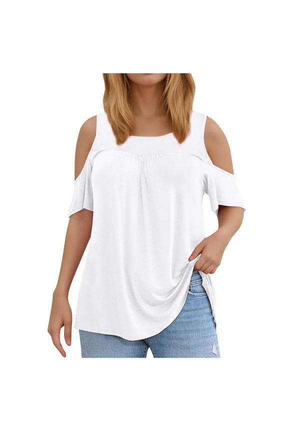 Women's Plus Size Tops Cold Shoulder Dressy Tunic Blouses Casual Summer Short Sleeve Shirts L-5XL