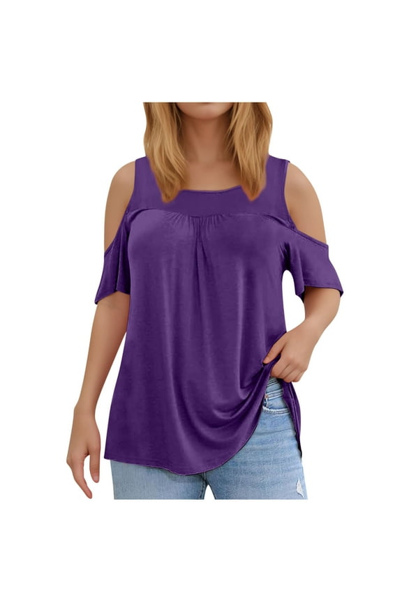 Women's Plus Size Tops Cold Shoulder Dressy Tunic Blouses Casual Summer Short Sleeve Shirts L-5XL