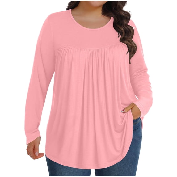 Besolor Women's Plus Size Tunic Tops Crewneck Pleated Long Sleeve Shirts Casual Loose Going out Dressy Blouse