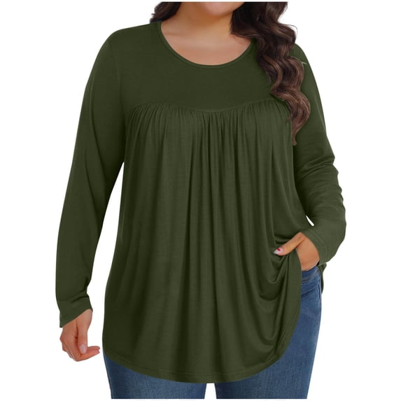 Besolor Women's Plus Size Tunic Tops Crewneck Pleated Long Sleeve Shirts Casual Loose Going out Dressy Blouse