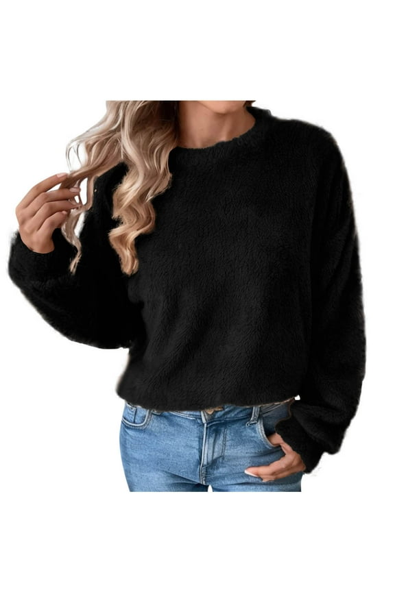 Women's Plush Long Sleeve Tops Fuzzy Fleece Round Neck Shirts Casual Soft Warm Winter Pullover Blouse