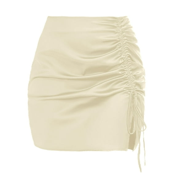 Besolor Women's Satin Mini Skirts High Waisted Drawstring Ruched Split Hem Party Club Warp Short Skirts