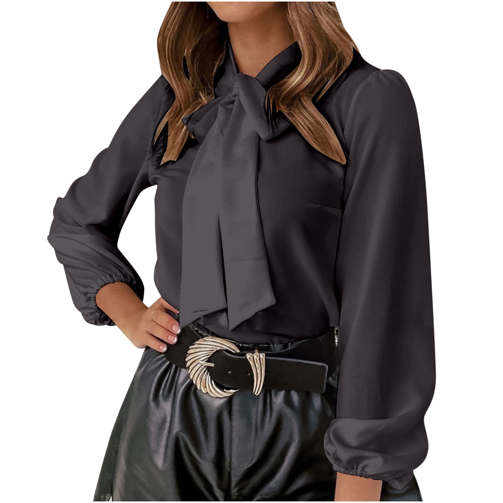 Besolor Women's Satin Silk Shirts Dressy Long Sleeve Bow Tie Neck Work ...