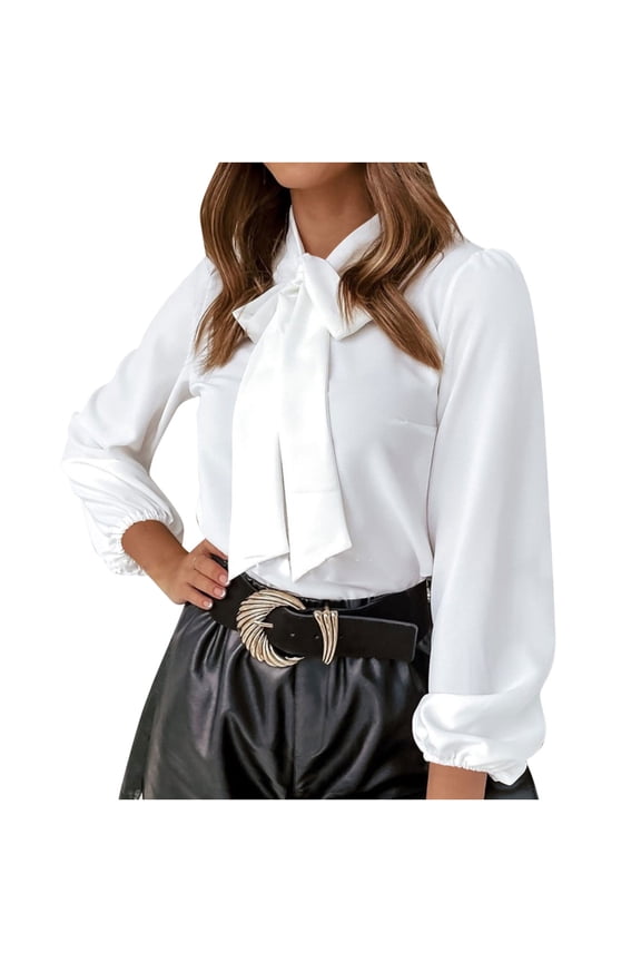 Women's Satin Silk Shirts Dressy Long Sleeve Bow Tie Neck Work Blouse Casual Elegant Formal Tops