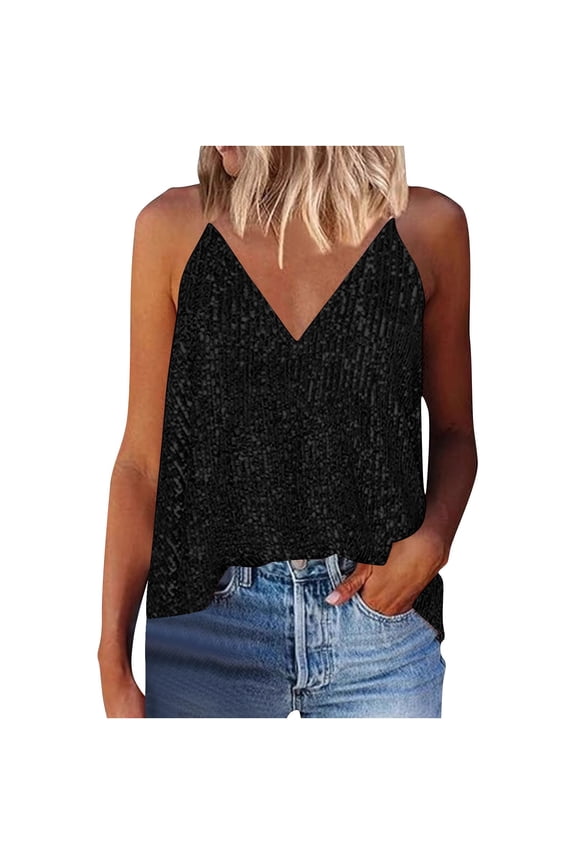 Women's Sequins Cami Tops V Neck Spaghetti Strap Sparkly Glitter Camisole Party Evening Club Shirts