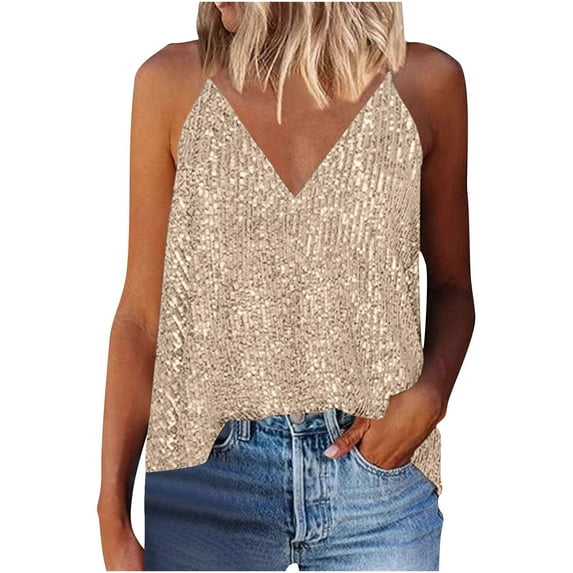 Besolor Women's Sequins Cami Tops V Neck Spaghetti Strap Sparkly Glitter Camisole Party Evening Club Shirts