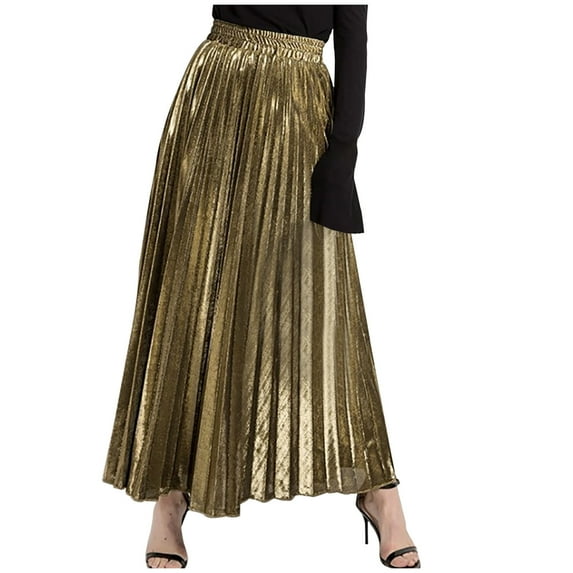 Besolor Women's Shiny Maxi Skirt High Elastic Waisted Pleated A-Line Flowy Party Club Long Skirts