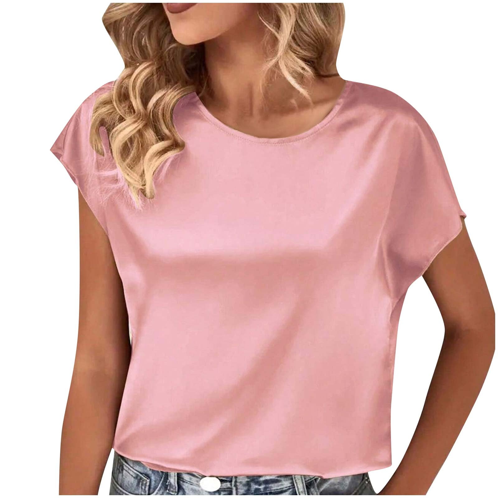 Besolor Women's Short Sleeve Satin Blouses Casual Loose Crewneck