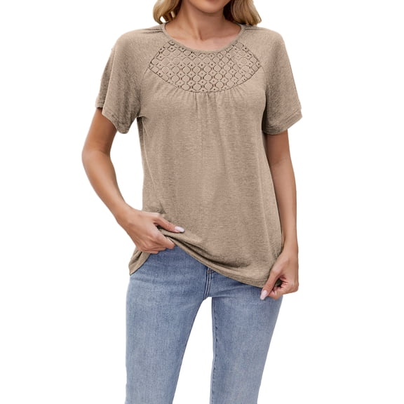 Besolor Women's Short Sleeve Shirts Summer Crewneck Lace Tunic Tops Pleated Casual Going out Dressy Blouse
