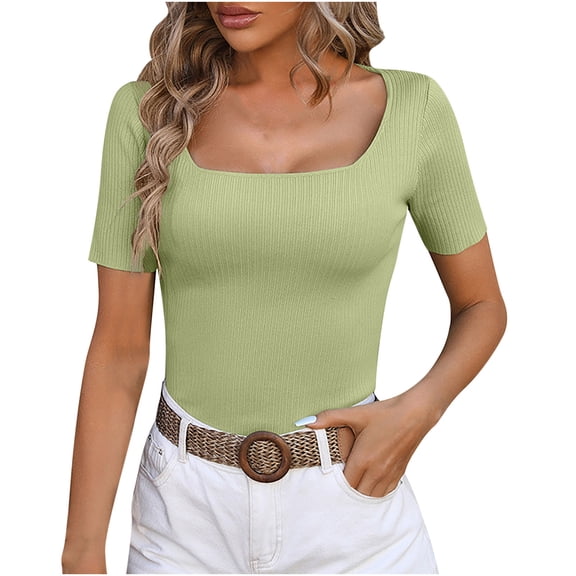 Besolor Women's Short Sleeve Tunic Tops Summer Casual Slim Fitted Dressy T-Shirts Solid Color Square Neck Blouses Tee Ladies Clothes