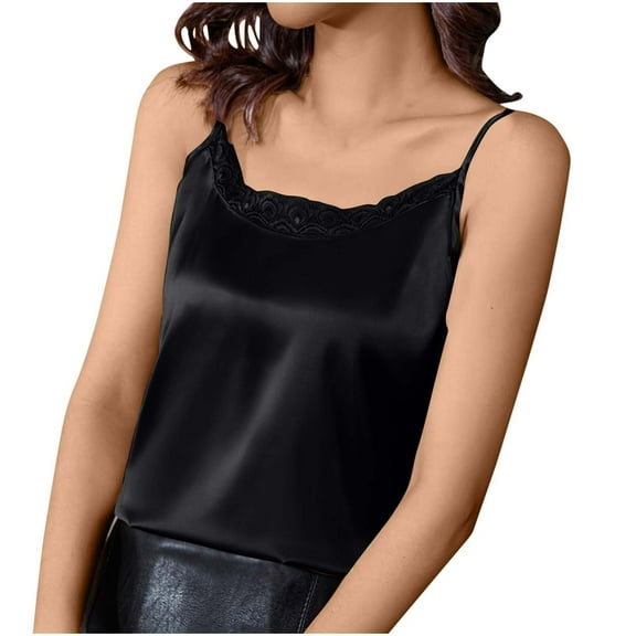 Besolor Women's Silk Satin Cami Top Lace Trim Spaghetti Straps Camisole Casual Plus Size Summer Tee Shirts