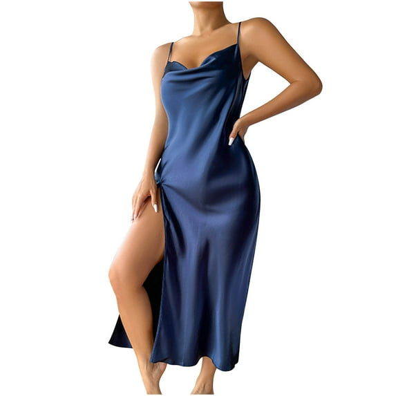 Besolor Women's Silk Satin Nightgown Sleeveless Spaghetti Strap Slip Sleep Long Dress Nightwear Sleepwear with Slit Navy