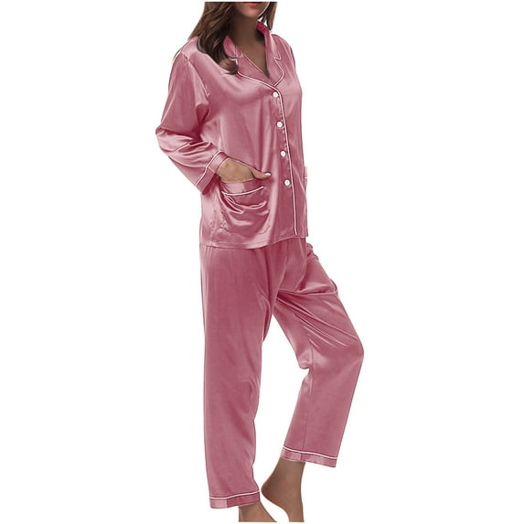 Besolor Women's Silk Satin Pajamas 2 Piece Casual Long Sleeve Lapel Button down Tops and Pants Set Sleepwear with Pockets