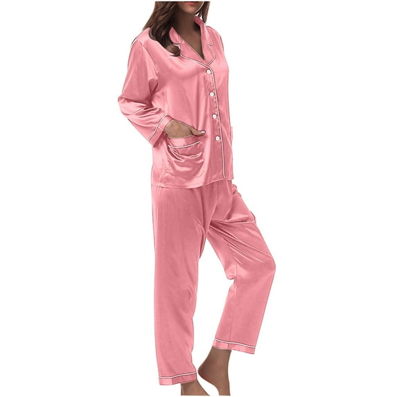 Besolor Women's Silk Satin Pajamas 2 Piece Casual Long Sleeve Lapel Button down Tops and Pants Set Sleepwear with Pockets
