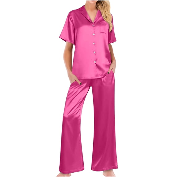 Besolor Women's Silk Satin Pajamas 2 Piece Outfits Short Sleeve Button down Shirt and Wide Leg Pants Sets Sleepwear Pjs Hot Pink