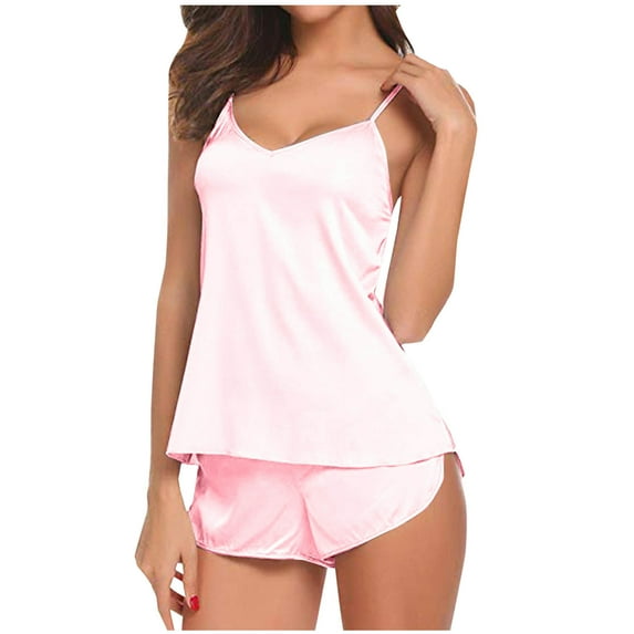 Besolor Women's Silk Satin Pajamas Casual Soft Sleeveless V Neck Cami Tops and Shorts 2 Piece Set Pjs Sleepwear