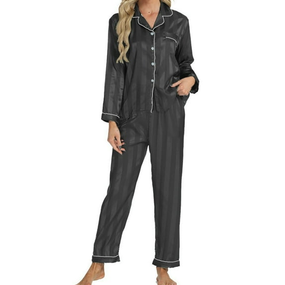 Besolor Women's Silk Satin Pajamas Lapel Long Sleeve Button down Shirts and Pants Lounge Sets Sleepwear Pjs