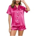 thumbnail image 1 of Besolor Women's Silk Satin Pajamas Sets 2 Piece Casual Lapel Long Sleeve Button down Shirts and Shorts Outfits Sleepwear, 1 of 6