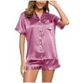 thumbnail image 1 of Besolor Women's Silk Satin Pajamas Sets 2 Piece Casual Lapel Long Sleeve Button down Shirts and Shorts Outfits Sleepwear, 1 of 6