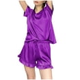 thumbnail image 1 of Besolor Women's Silk Satin Pajamas Soft V Neck Short Sleeve Tops and Ruffle Hem Shorts 2 Piece Outfits Pjs Sleepwear, 1 of 7