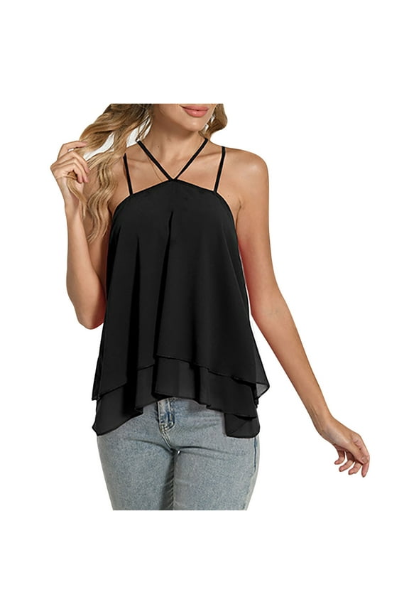 Women's Sleeveless Tank Tops Double Layer Chiffon Blouses Halter Neck Strappy Summer Camisole Shirts