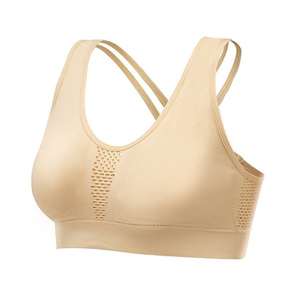 Besolor Women's Sports Bra Cross Back Tops for Running Fitness Removable Padded Support Workout Yoga Bras Activewear Beige