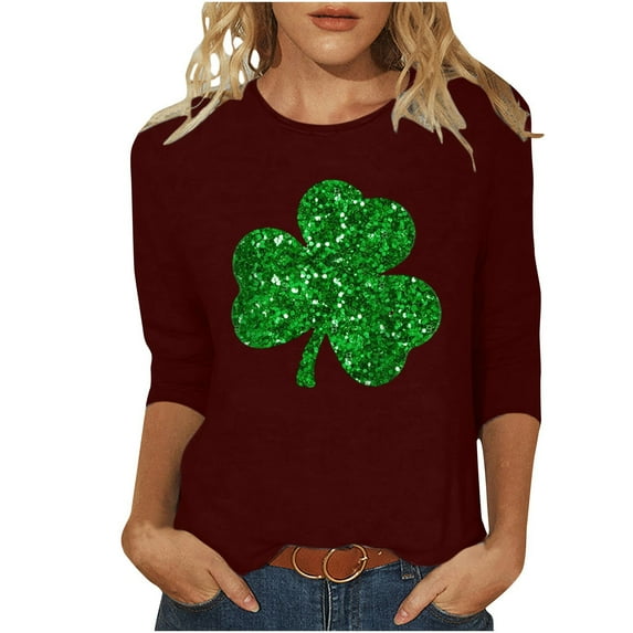 Besolor Women's St. Patrick's Day T-Shirt Shamrock Round Neck 3/4 Sleeve Tops Casual Plus Size Graphic Blouse Tees