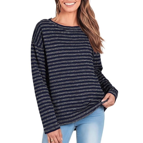 Besolor Women's Striped Tops Trendy Crewneck Long Sleeve Shirts Casual Loose Going out Dressy Blouse