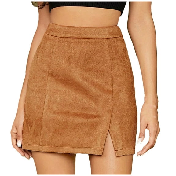 Besolor Women's Suede Mini Skirt Vintage High Waisted Zipper Bodycon Side Split A-Line Pencil Short Skirts