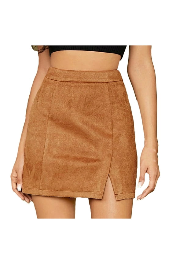 Women's Suede Mini Skirt Vintage High Waisted Zipper Bodycon Side Split A-Line Pencil Short Skirts