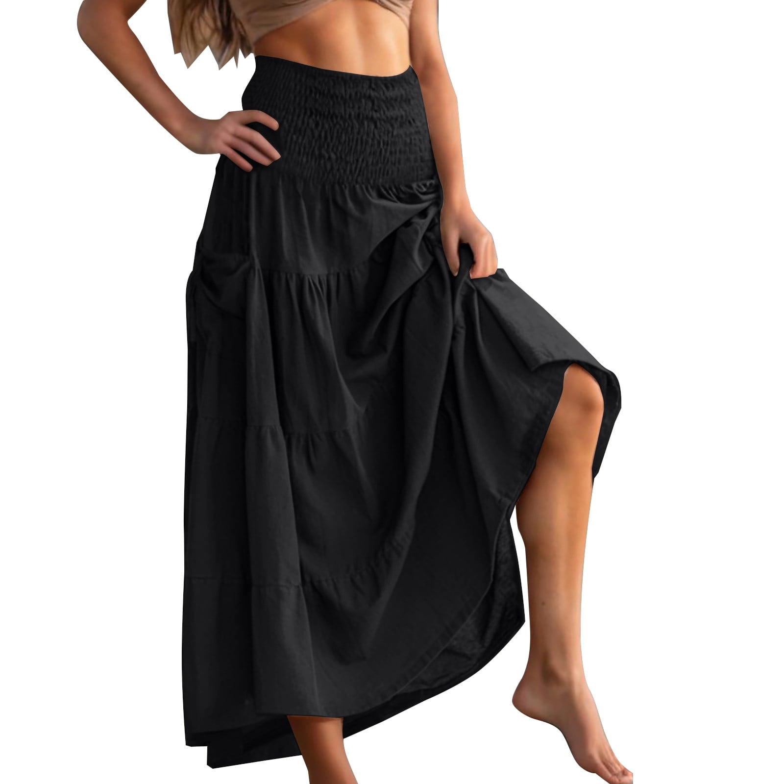 Women's Side Tie Boho Maxi Skirt - High Waisted, Ruched, Flowy Beach Skirt For Summer