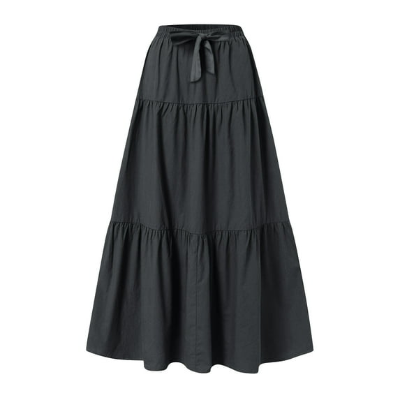 Besolor Women's Summer Boho Maxi Skirt Tie Elastic Waist Ruffle Tiered A-Line Flowy Beach Long Skirts