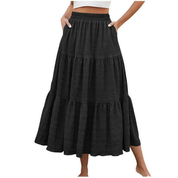 Besolor Women's Summer Boho Midi Skirt Tiered Ruffle Skirt Elastic Waist A-Line Flowy Beach Long Skirts with Pockets