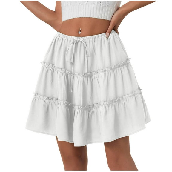 Besolor Women's Summer Boho Mini Skirt Elastic Waist Drawstring Ruffle Tiered A-Line Flowy Short Skirts