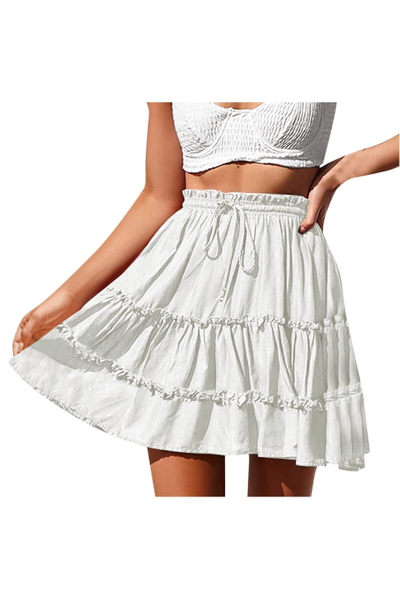 Women's Summer Boho Mini Skirts Elastic Waist Drawstring Ruffle Tiered A-Line Flowy Beach Short Skirts