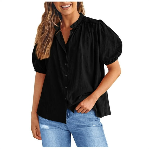 Besolor Women's Summer Button down Shirts Short Lantern Sleeve V Neck Cute Dressy Casual Loose Ladies Tops Blouses