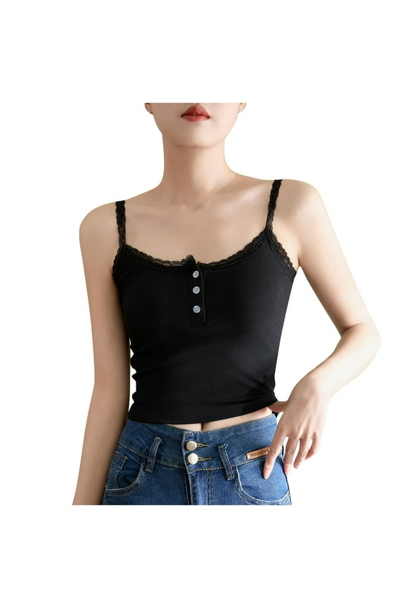 Women's Summer Camisole Lace Trim Button Spaghetti Strap Cami Tops Casual Slim Fitted Basic Tees Undershirt