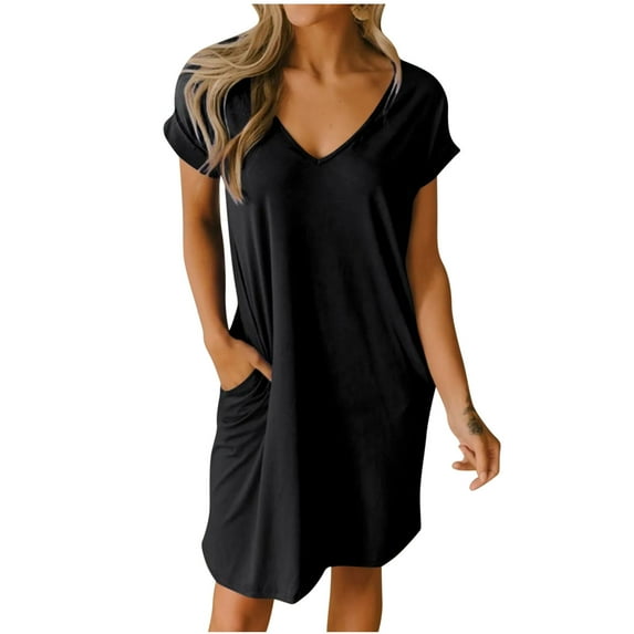 Besolor Women's Summer Casual Dresses V Neck Short Sleeve Sundress Solid Color Flowy Mini Dress with Pockets