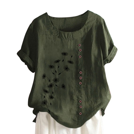 Besolor Women's Summer Cotton Linen Tops Casual Round Neck Short Sleeve T-Shirts Floral Graphic Plus Size Tees