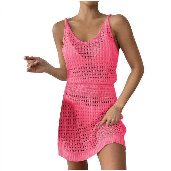Besolor Women's Summer Crochet Cover up V Neck Bathing Suit Coverup Knit Hollow out Sleeveless Beach Mini Dress
