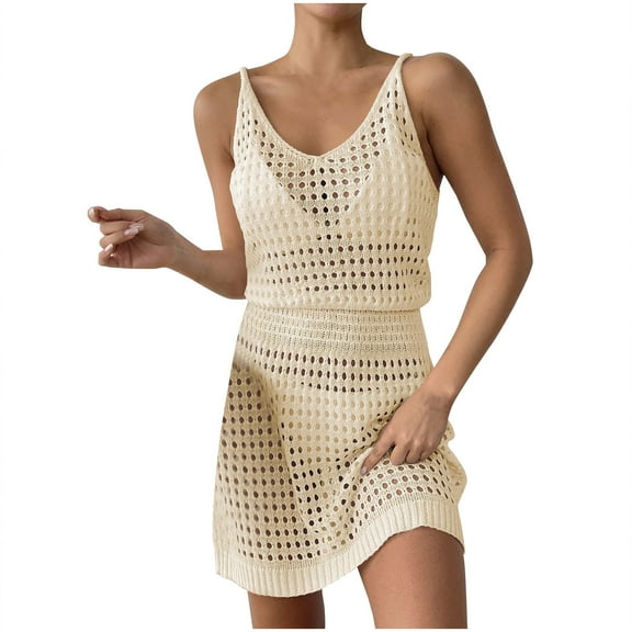 Besolor Women's Summer Crochet Cover up V Neck Bathing Suit Coverup Knit Hollow out Sleeveless Beach Mini Dress