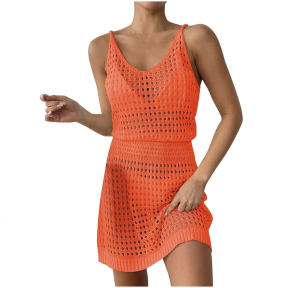 Besolor Women's Summer Crochet Cover up V Neck Bathing Suit Coverup Knit Hollow out Sleeveless Beach Mini Dress