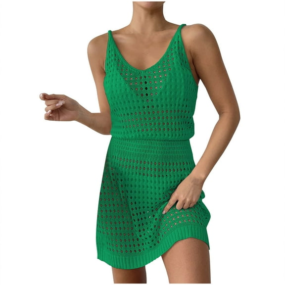Besolor Women's Summer Crochet Cover up V Neck Bathing Suit Coverup Knit Hollow out Sleeveless Beach Mini Dress