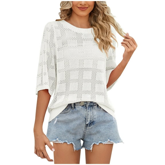 Besolor Women's Summer Crochet Knitted Tops Short Sleeve Pullover Sweater Casual Hollow out Crew Neck Cover Ups