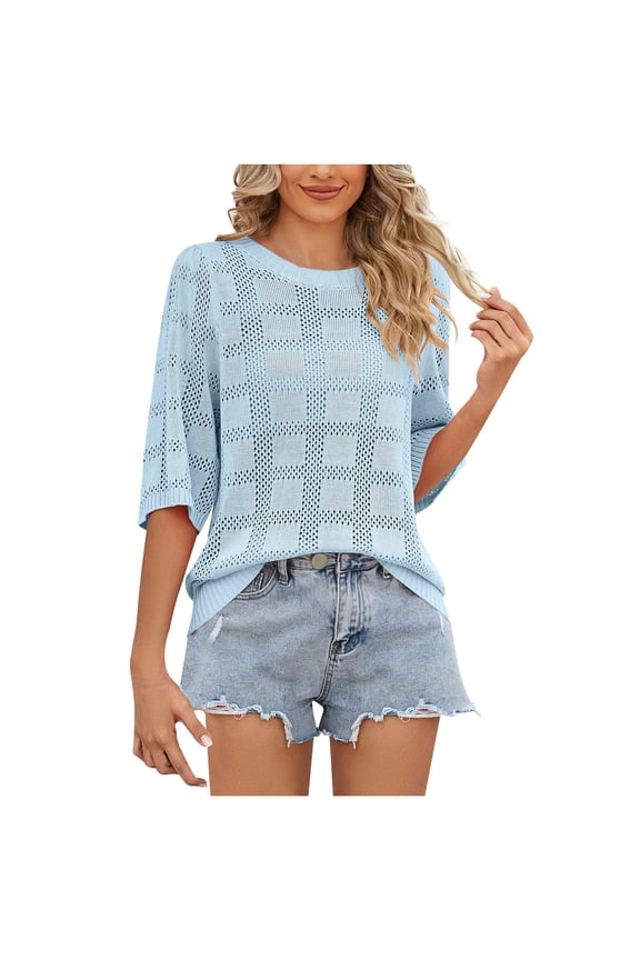 Women's Summer Crochet Knitted Tops Short Sleeve Pullover Sweater Casual Hollow out Crew Neck Cover Ups