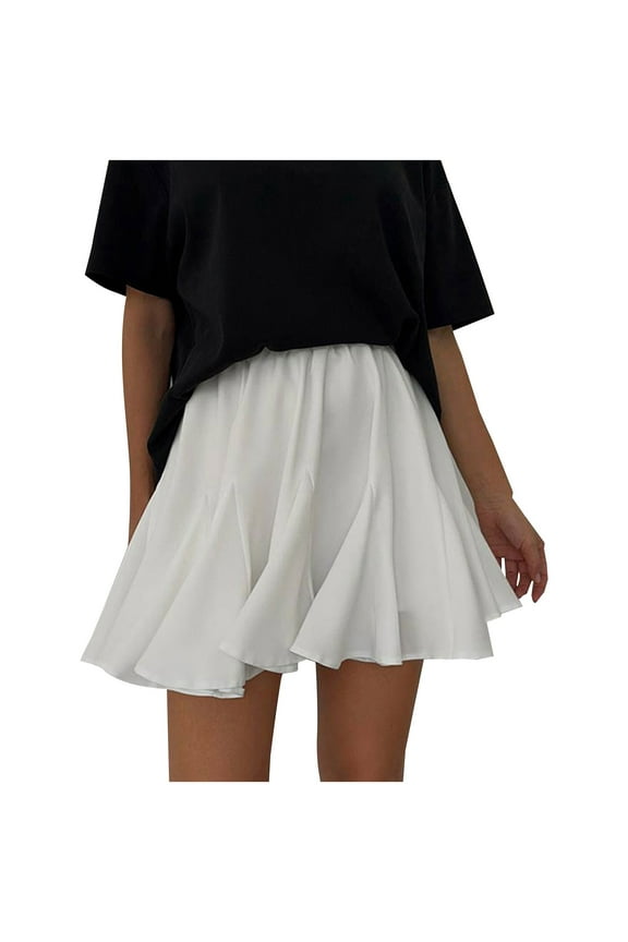 Women's Summer Mini Skirt Ruffle Elastic High Waist Cute Pleated A-Line Flowy Beach Short Skirt