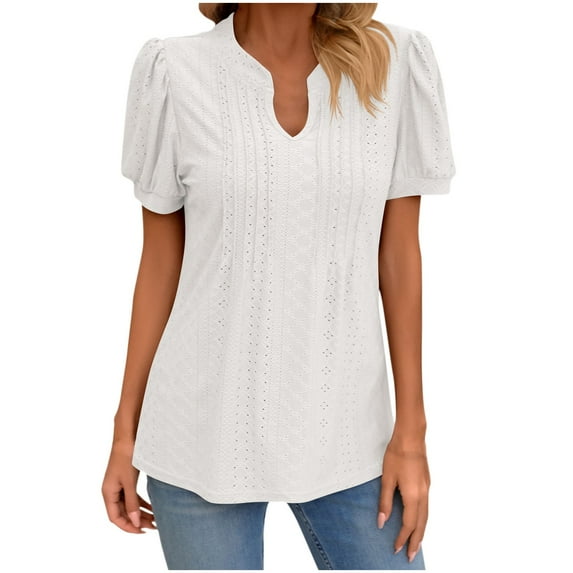 Besolor Women's Summer T-Shirt Trendy V Neck Pleated Eyelet Tunic Tops Casual Solid Color Going out Blouse Tees