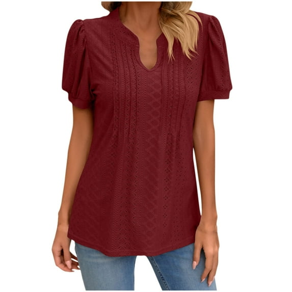 Besolor Women's Summer T-Shirt Trendy V Neck Pleated Eyelet Tunic Tops Casual Solid Color Going out Blouse Tees