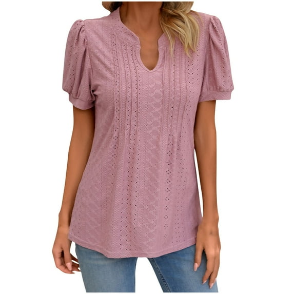 Besolor Women's Summer T-Shirt Trendy V Neck Pleated Eyelet Tunic Tops Casual Solid Color Going out Blouse Tees