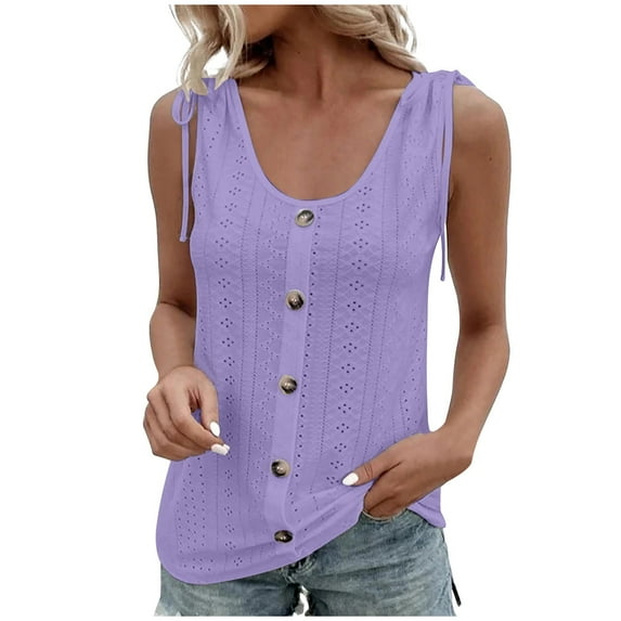 Besolor Women's Summer Tank Tops Round Neck Buttons Sleeveless Eyelet Shirts Casual Solid Color Basic Blouse Tee